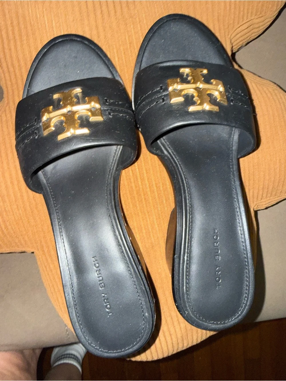 Tory Burch Black Leather Slide Mules with Gold Logo Emblem